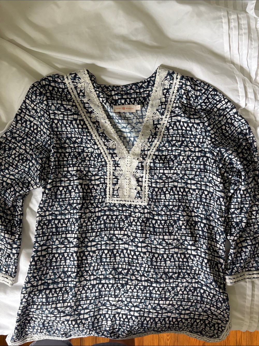 Tory Burch Navy & White Printed V-Neck Tunic with Lace Trim